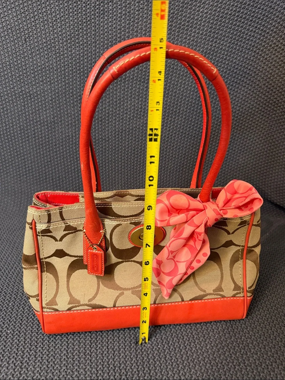 Coach Beige Signature Satchel with Coral Leather Trim and Coral Scarf